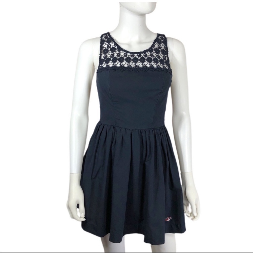 Hollister Navy Blue Fit & Flare Crochet Neckline Skater Dress